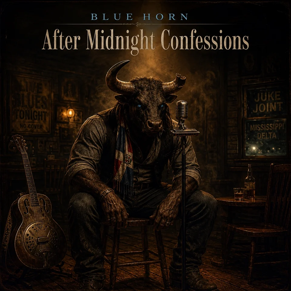 Blue Horn — After Midnight Confessions artwork: a seated minotaur with one broken horn beside a vintage microphone in a blues club.