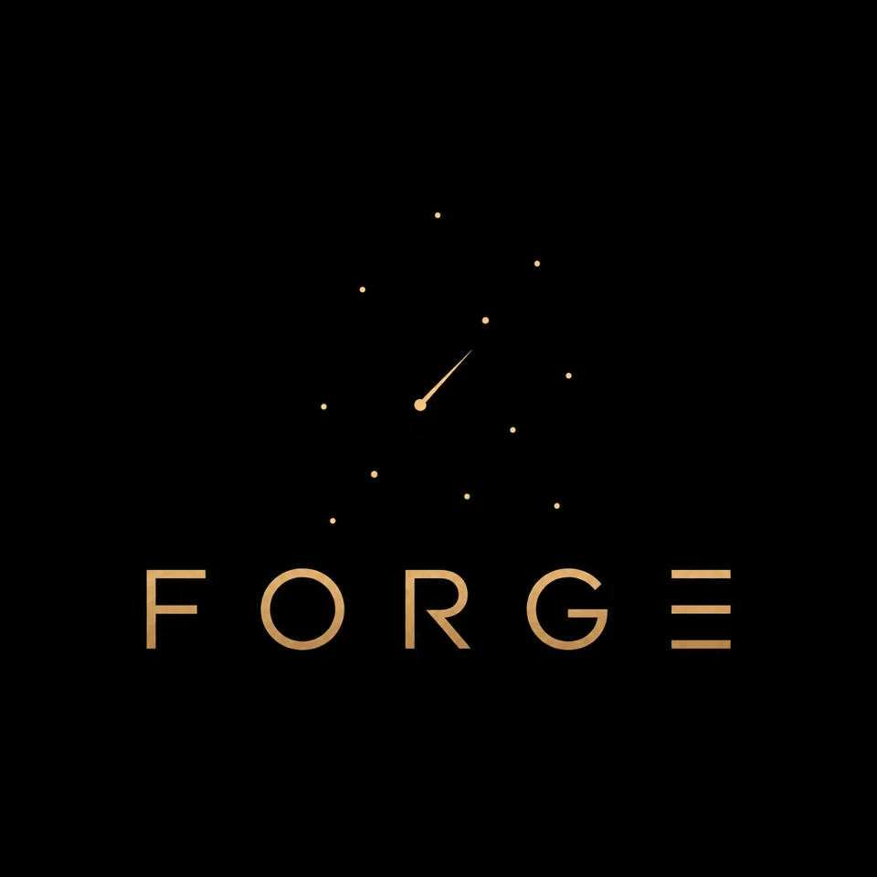 FORGE: gold wordmark beneath a constellation and a single shooting star on black.