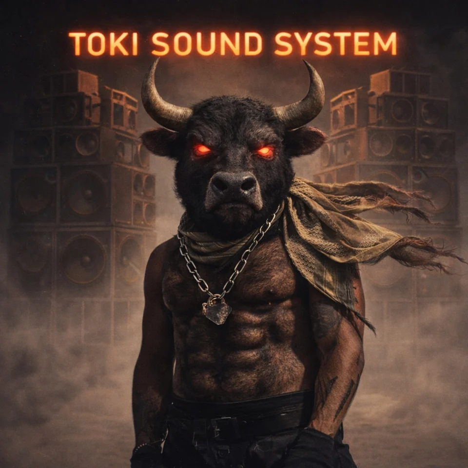 Toki Sound System artwork: a red-eyed minotaur standing between speaker stacks.