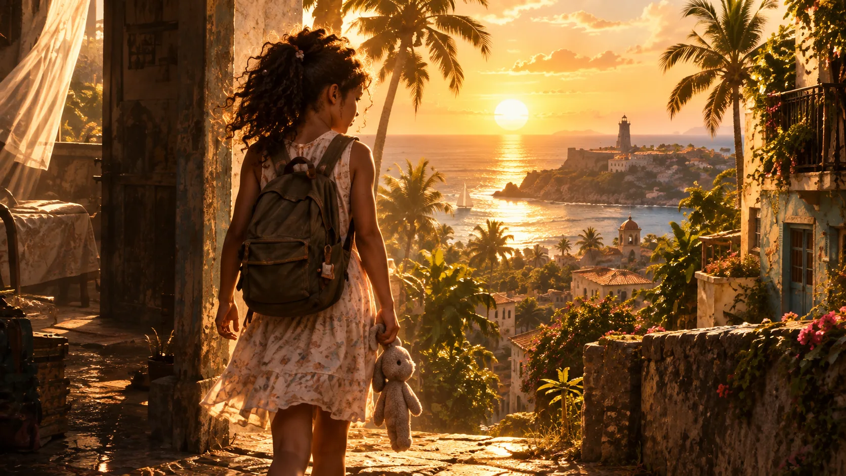 Blooming From Ashes working concept: a traveler overlooking a coastal town at sunset.