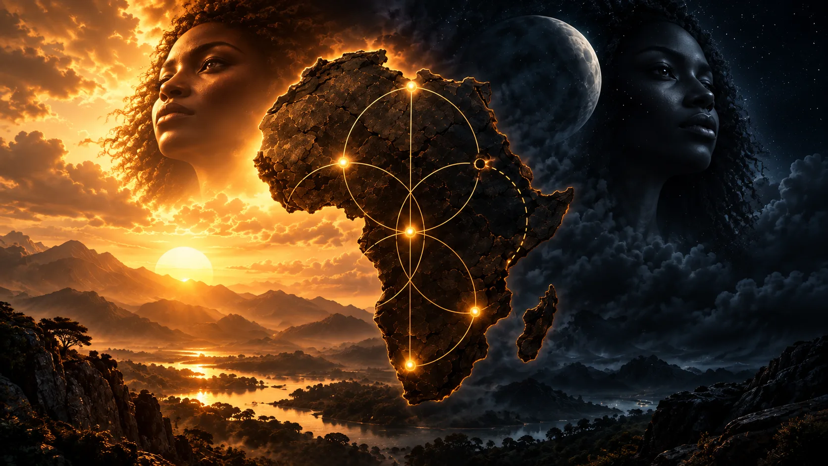 DOA working concept: gold-lit African silhouette between sunset and a night sky.