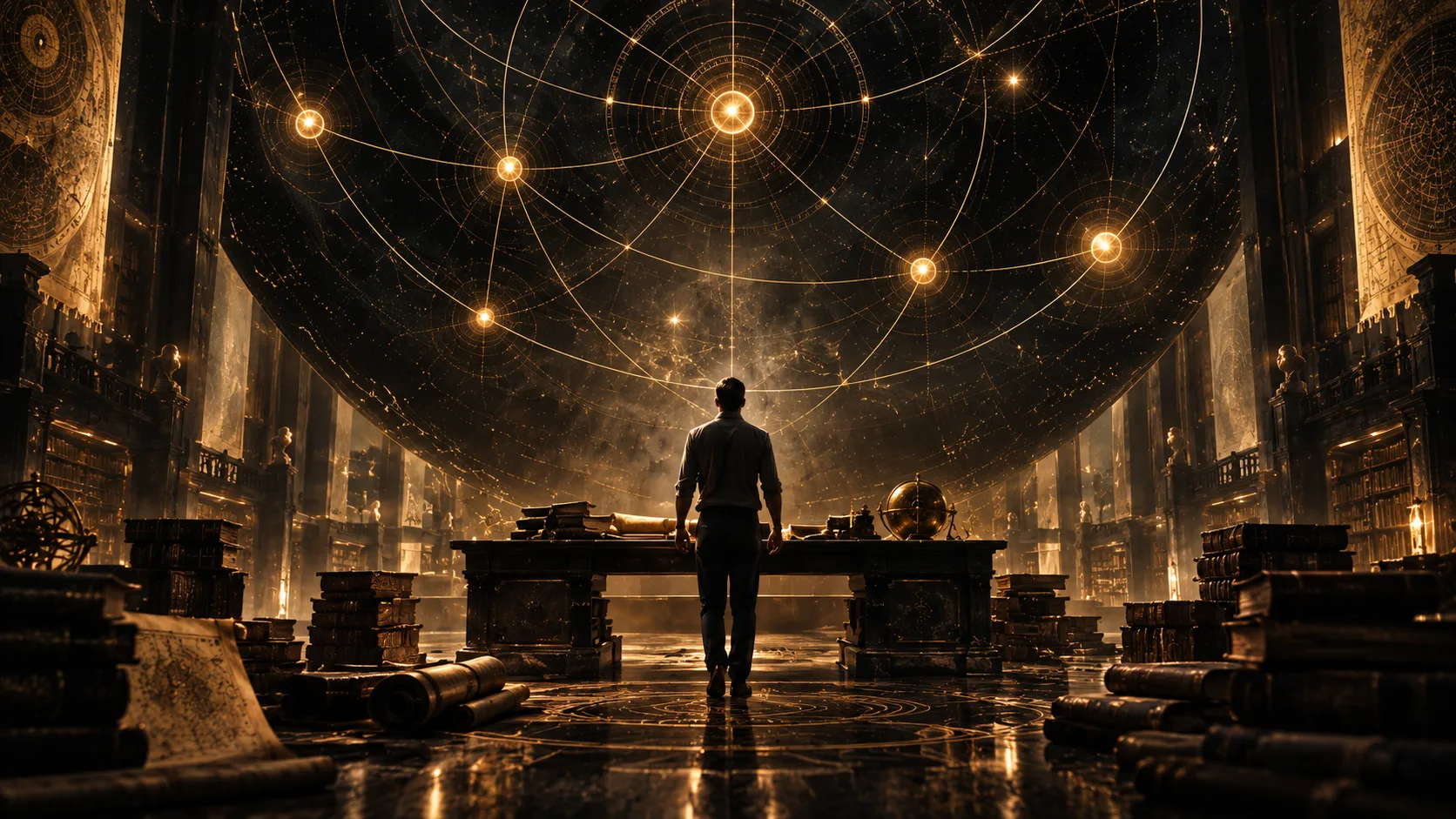The Fourteenth Chapter working concept: a figure beneath a golden celestial diagram in an archive.